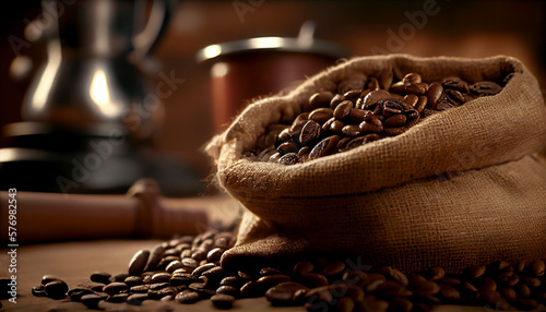 Canvastavla Coffee beans in a broken sack on a dark wooden table
