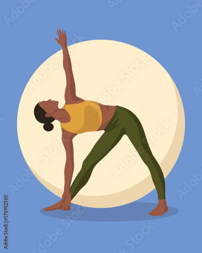 Black girl with brown hair doing yoga pilates gymnastics sport fitness in orange top and green leggings in faceless style on pale blue background with circle