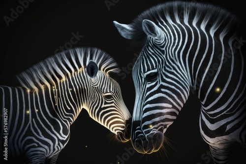 An infant zebra tries to kiss her mother against a dark backdrop. Generative AI