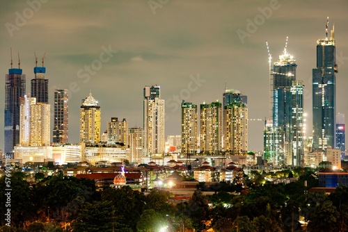Jakarta, Indonesia Aerial view of Jakarta's Central Business District Jakarta cityscape at sunset. Panorama/widescreen photo