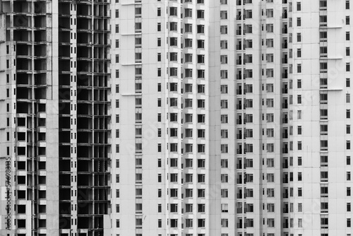 modern crowded tall office and apartment buildings close up view
