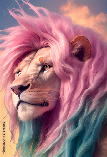Generative AI illustration of a lion looking away from a wild stalker with lush pink and light blue fur, portrait with background of sky and clouds.