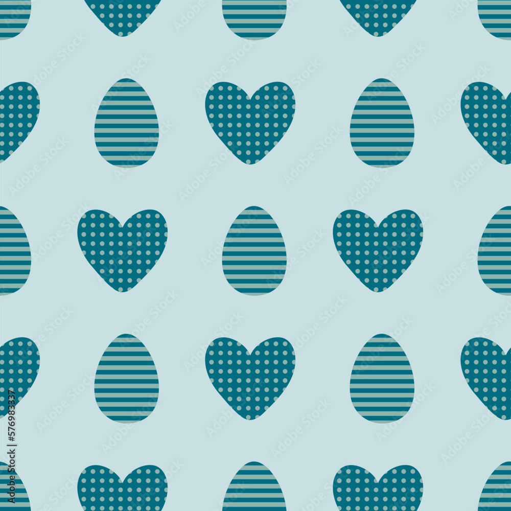 Easter seamless pattern with striped eggs and dotted hearts. Perfect print for tee, paper, fabric, textile. Monochrome vector illustration for decor and design. Easter seamless pattern with striped eggs and dotted hearts. Perfect print for tee, paper, fabric, textile. Monochrome vector illustration for decor and design.