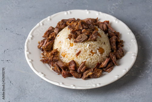 Traditional Turkish food; Roasted meat on rice (Turkish name; pilav üstü kavurma, kurban kavurma, nohutlu etli pilav)