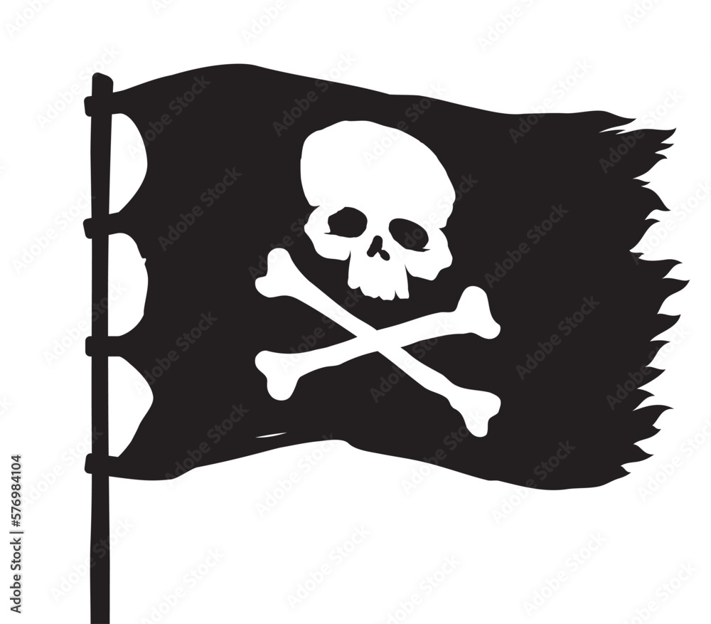Vector wavy black tattered pirate flag with skull and crossbones symbol ...
