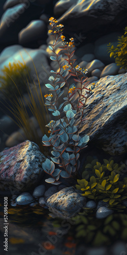 Mountain Landscape   landscape with mountains  plants and water.Generative AI
