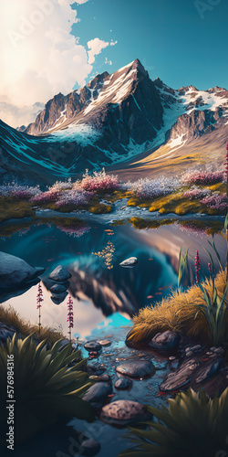 Mountain Landscape, landscape with mountains, plants and water.Generative AI