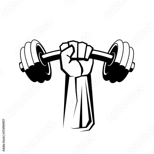 Hand holding dumbbell. Fist with dumbbell. Hand grasping dumbbell. Fitness logo design. Vector illustration.