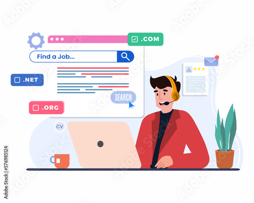 young unemployed male character looking for job online. find a job, Recruitment concept