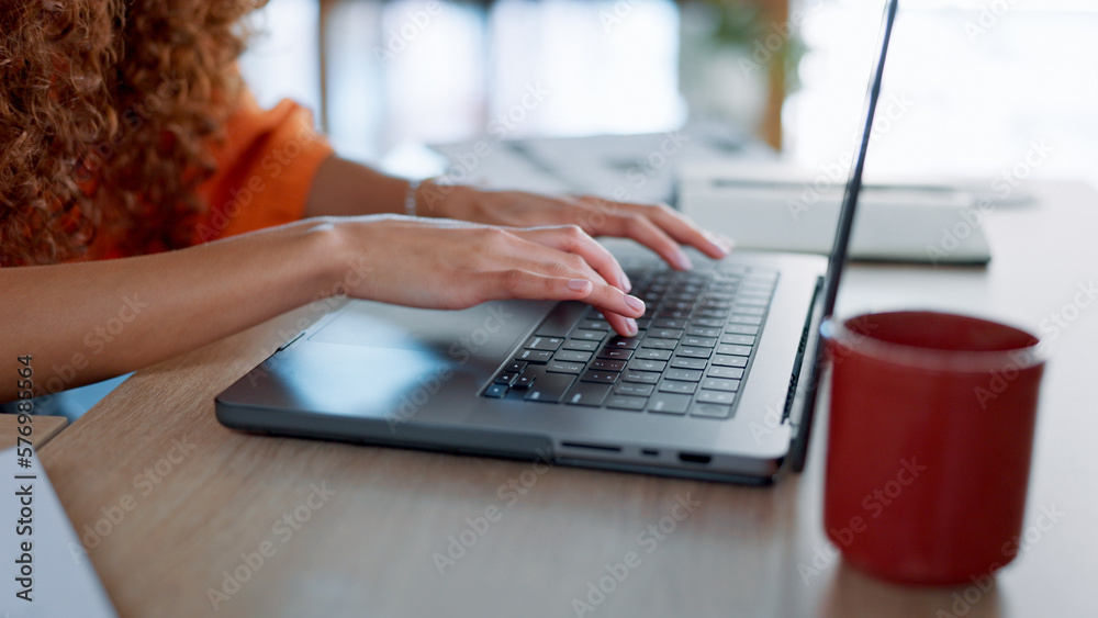 Corporate woman hands, laptop and typing email communication online ...