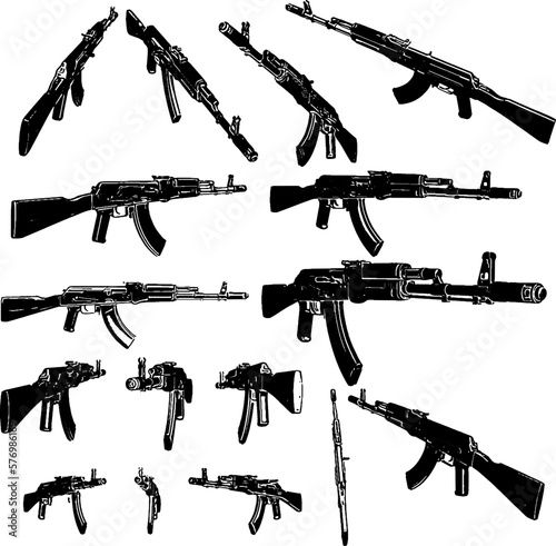 3d Vintage gun set rendered from different angles, silhouette set of Machine Gun view from different angles, Guns Weapon 3d illustration set