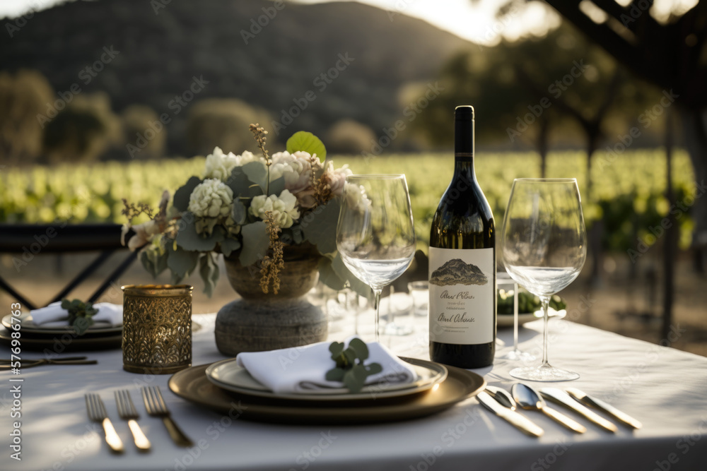 A beautiful table setting featuring a selection of premium wines with Vineyards background AI Generative