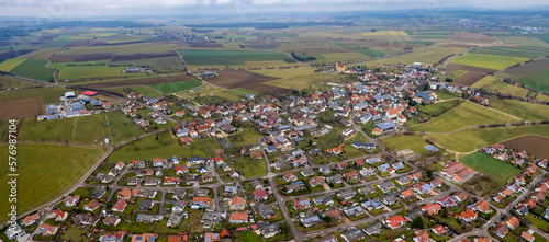 Aerial view of the village Stödtlen in Germany on a sunny day in late winter.