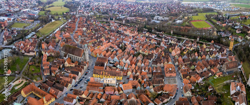 Aerial around the city Dinkelsbühl in Germany on a sunny winter day
