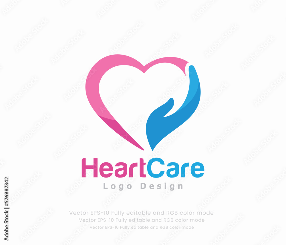 Heart care logo design with a heart and hands