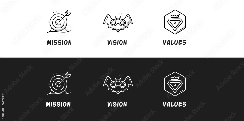 Mission. Vision. Values. Web page template. Modern line icon design black and white concept.