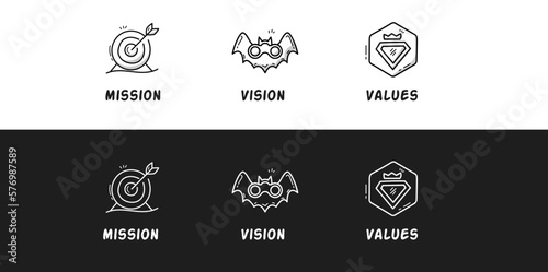 Mission. Vision. Values. Web page template. Modern line icon design black and white concept.