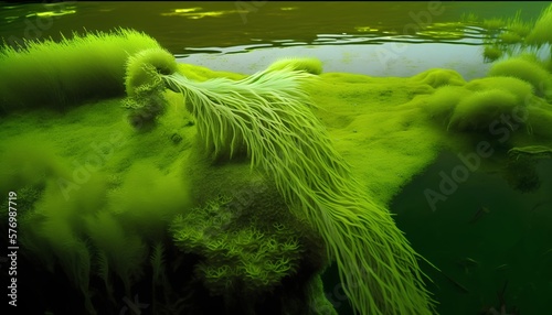 A large, bright green algae bloom is seen in a body of water. Generative AI photo
