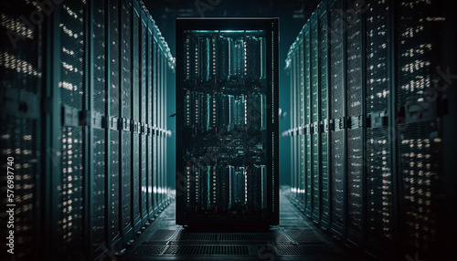 A cloud server floating in the center of a large, dark data center, surrounded by rows upon rows of server racks Generative AI