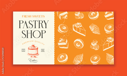 bakery illustration. pastry banner, background, sweets shop landing page template. horizontal border, lace frame with desserts and place for text. for package design, patisserie poster, pastry label