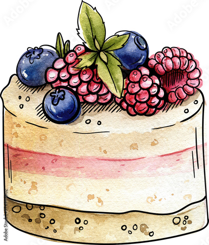 Bright and juicy illustrations of cakes and desserts. Illustration is hand-painted in watercolors with black outlines for contrast and graphics.