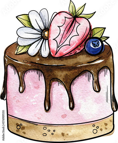 Bright and juicy illustrations of cakes and desserts. Illustration is hand-painted in watercolors with black outlines for contrast and graphics.