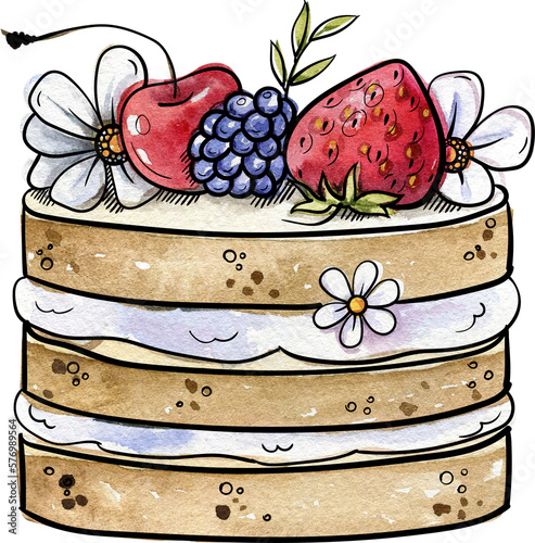 Bright and juicy illustrations of cakes and desserts. Illustration is hand-painted in watercolors with black outlines for contrast and graphics.