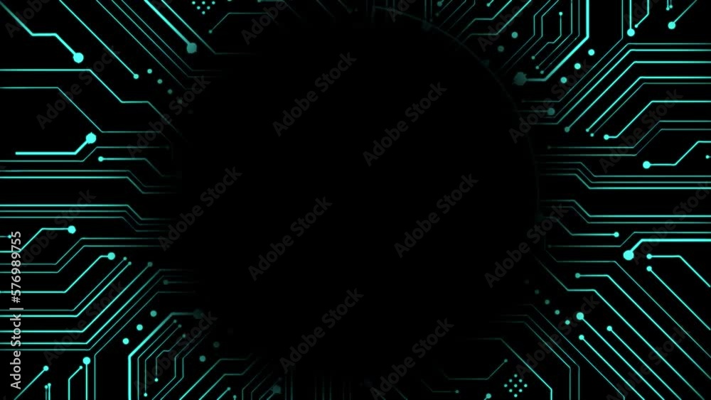 Blue Circuit Burst Digital Energy Explosion. Particles and Energy flowing through circuits and spreading out across the screen, visualizing a digital impact or a processor or computer starting