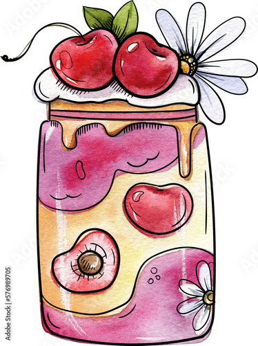 Bright and juicy illustrations of cakes and desserts. Illustration is hand-painted in watercolors with black outlines for contrast and graphics.