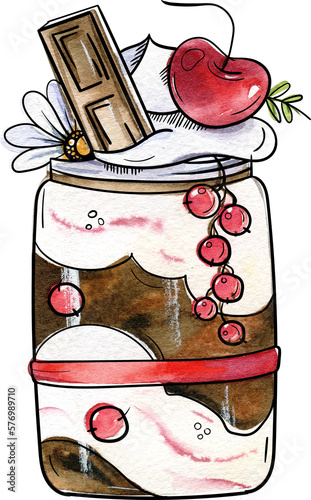 Bright and juicy illustrations of cakes and desserts. Illustration is hand-painted in watercolors with black outlines for contrast and graphics.