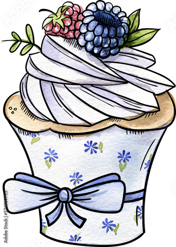 Bright and juicy illustrations of cakes and desserts. Illustration is hand-painted in watercolors with black outlines for contrast and graphics.