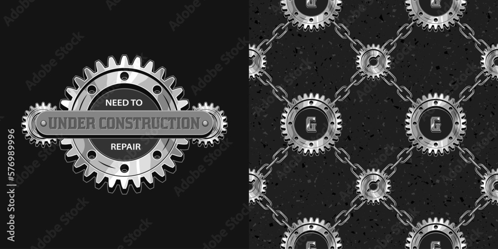 Set of pattern, logo with silver steel gears, rivets, text in steampunk style. Pattern with classic square grid of rough steel chains. For T-shirt, clothing, fabric, surface design