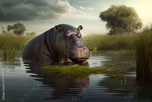 Big hippo in the swamp. AI generated