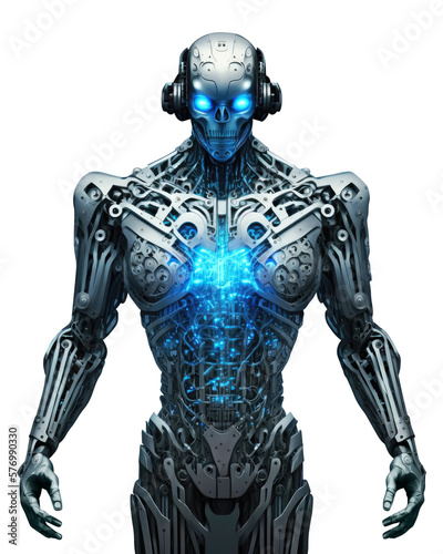 A humanoid robot with a metallic silver body on transparent background. PNG. Generative AI.