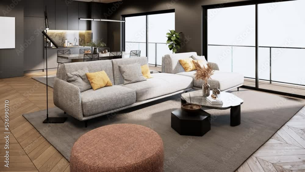 Modern interior design of elegant apartment, living room with gray sofa and kitchen area 3d animation rendering