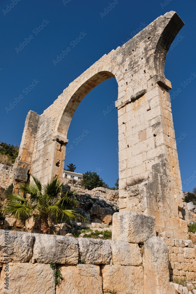 Low Angle Shot Of Remains Of An Aqueduct At Elaiussa Sebaste Antique City, Mersin, Turkey