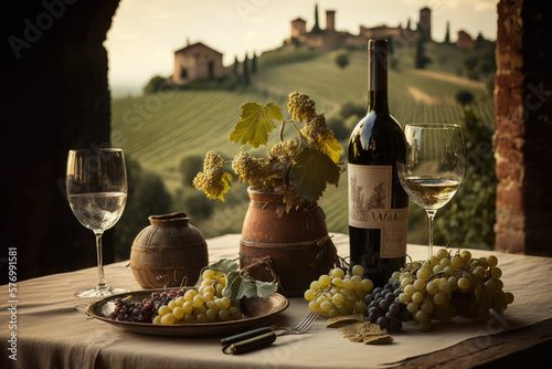 A table arrangement featuring a cluster of grapes, a wine bottle, and a wine glass. backdrop of rolling hills and vineyards in the Piedmont wine region Italy, UNESCO World Heritage site AI Generative photo