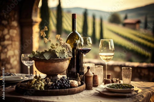 A table arrangement featuring a cluster of grapes, a wine bottle, and a wine glass. backdrop of rolling hills and vineyards in the Piedmont wine region Italy, UNESCO World Heritage site AI Generative