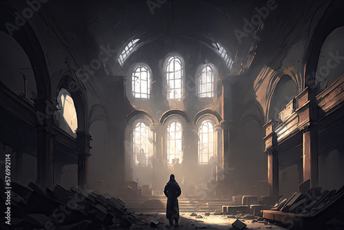 A Quietude of Sorrow in the Deprived Atmosphere of an Empty Church Illustration Generative AI