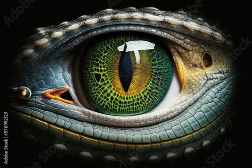 The crocodile's eye, magnified. Close up of a crocodile's eye in macro. Snake's gaze. Generative AI