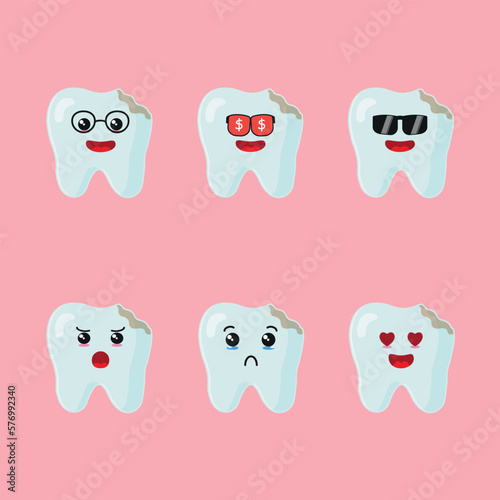 Cute happy teeth cavity character different pose activity. Tooth different face expression vector illustration set.
