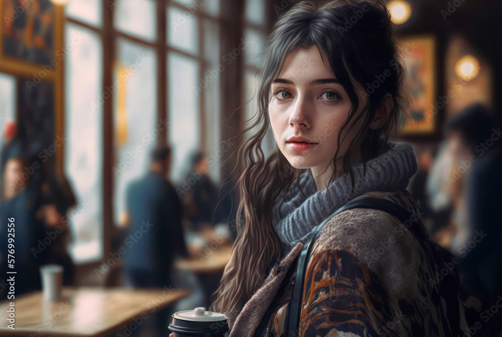 portrait of a girl in a cafe. Generative AI portrait of a girl in a cafe. Generative AI