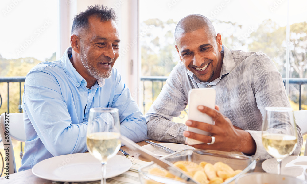Black man selfie, senior dad and home with smile, love and bonding at table for celebration with web app. Men, smartphone photography or profile picture for social media with happiness, food and care Black man selfie, senior dad and home with smile, love and bonding at table for celebration with web app. Men, smartphone photography or profile picture for social media with happiness, food and care