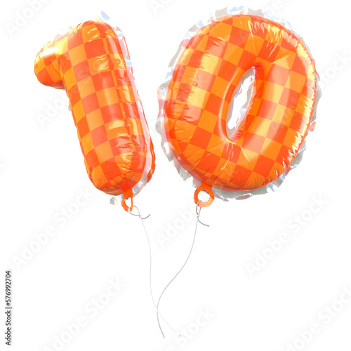 Number Balloons 10. Foil and latex balloons. Helium ballons. Party, birthday, celebrate anniversary and wedding. Realistic design elements. Festive set isolated. 3d illustration