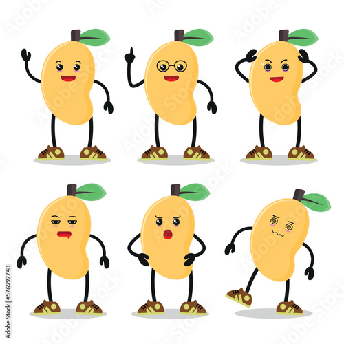 Cute happy mango character different pose activity. Fruit different face expression vector illustration set.