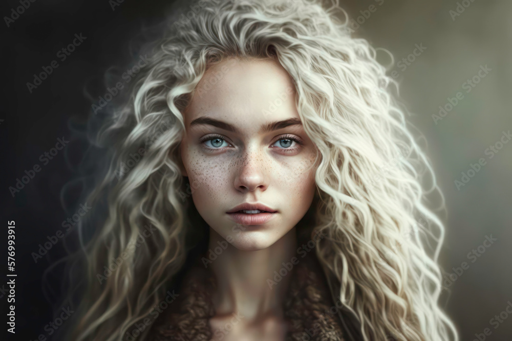 portrait of a woman with blonde curly hair. Generative AI portrait of a woman with blonde curly hair. Generative AI