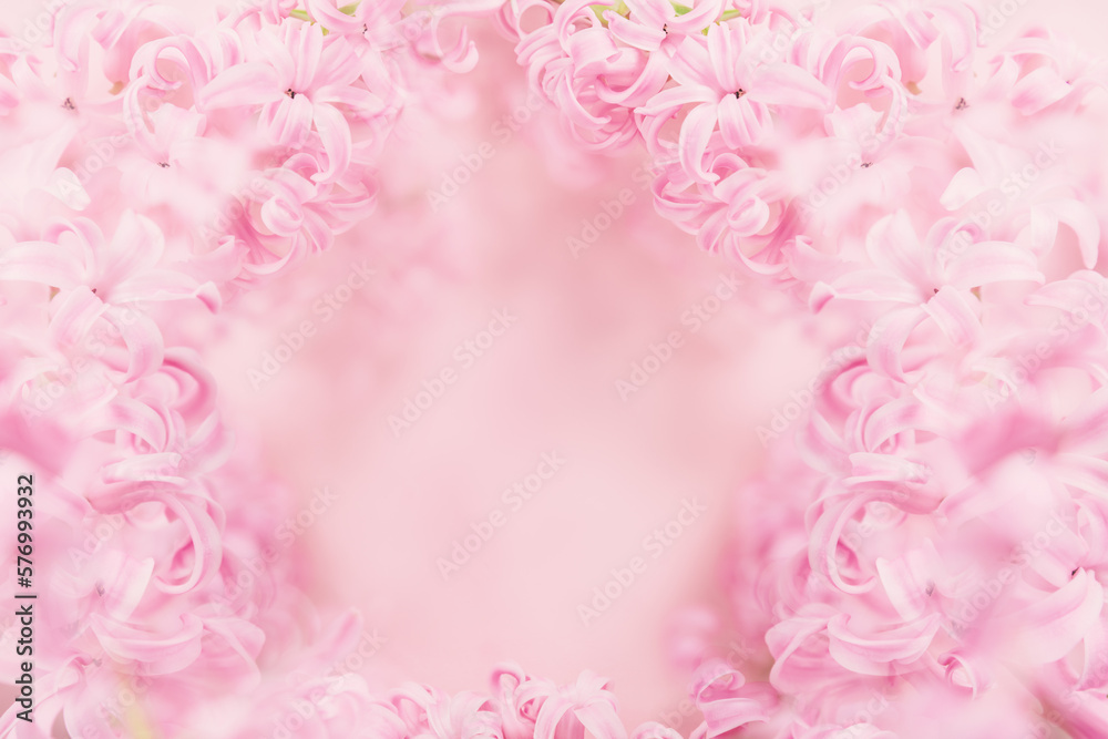 8 March greeting card. mother's day, International Women's Day congratulate Holiday background celebration concept. Pink hyacinth bouquet