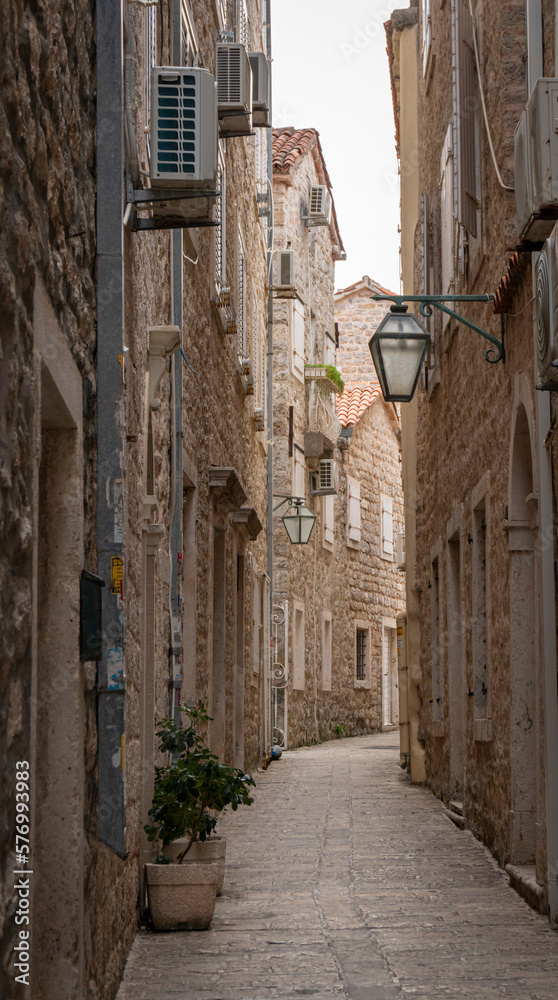 Narrow street in the Old Town of Budva, Montenegro