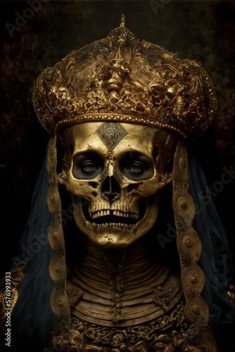portrait of a skeletonized queen, painted with gold - ai-generated