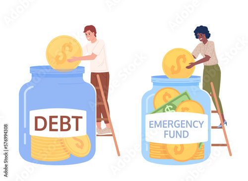 Saving cash for future, paying off debts flat concept vector spot illustration set. Editable 2D cartoon characters on white for web design. Creative idea pack for website, mobile. Oxygen font used